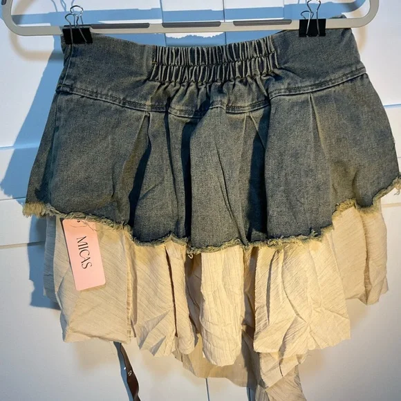 Denim and Beige Layered Skirt with Brown Straps - Picture 4 of 6